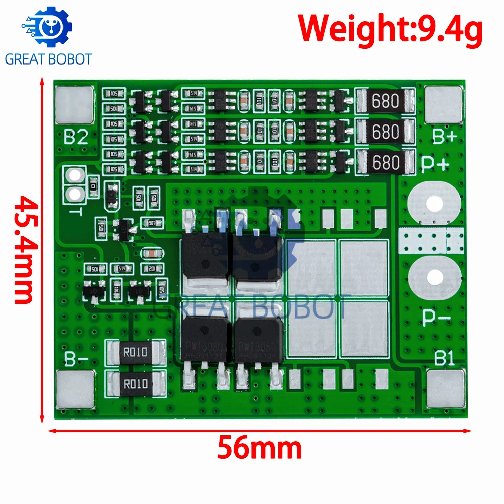 3 - Series 11.1V/12V 18650 Lithium Battery Protection Board - 12.6V, 15A - Safe Overcharge Protection &  Balancing