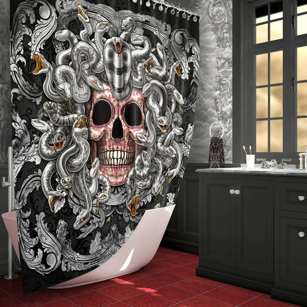 Cortina de ducha gótica, decoración de baño, arte de terror y Halloween, Medusa y cráneo gritando, cortinas de baño de serpientes blancas y negras