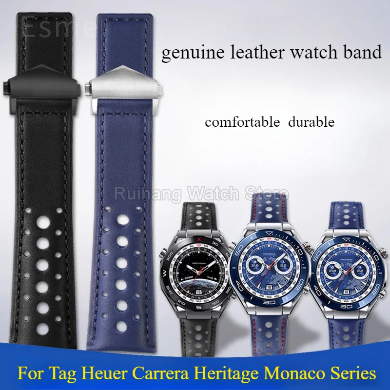 Wear-resistant Durable Breathable Genuine Cowhide Watchband for Tag Heuer Carrera Heritage Monaco Folding Buckle Strap 22mm