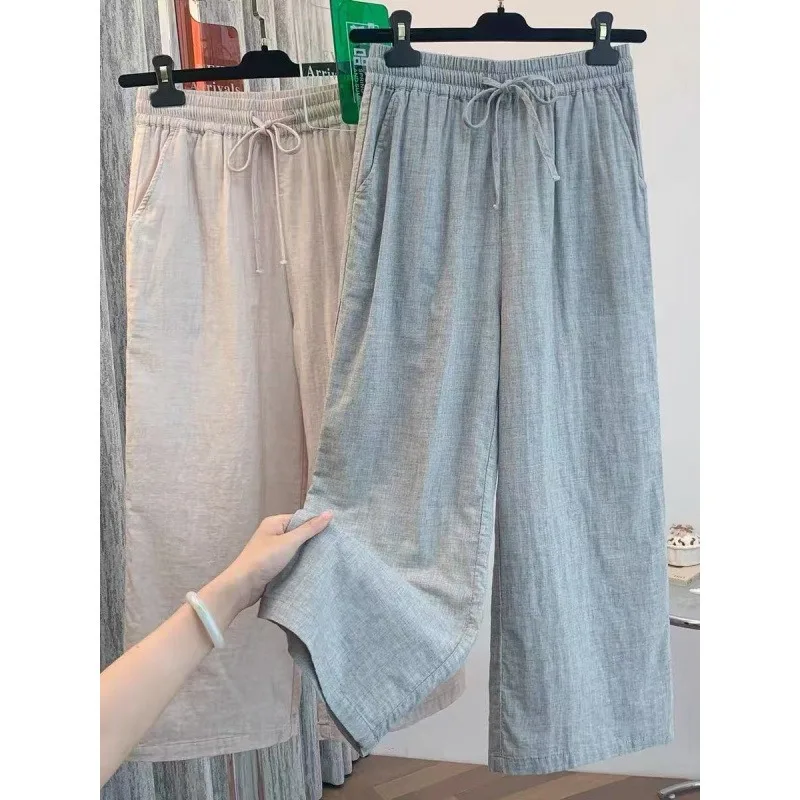 Women Double Layer Cotton Yarn Drawstring Elastic Waist Loose Wide Leg Casual Pants Summer Trousers Multi Color