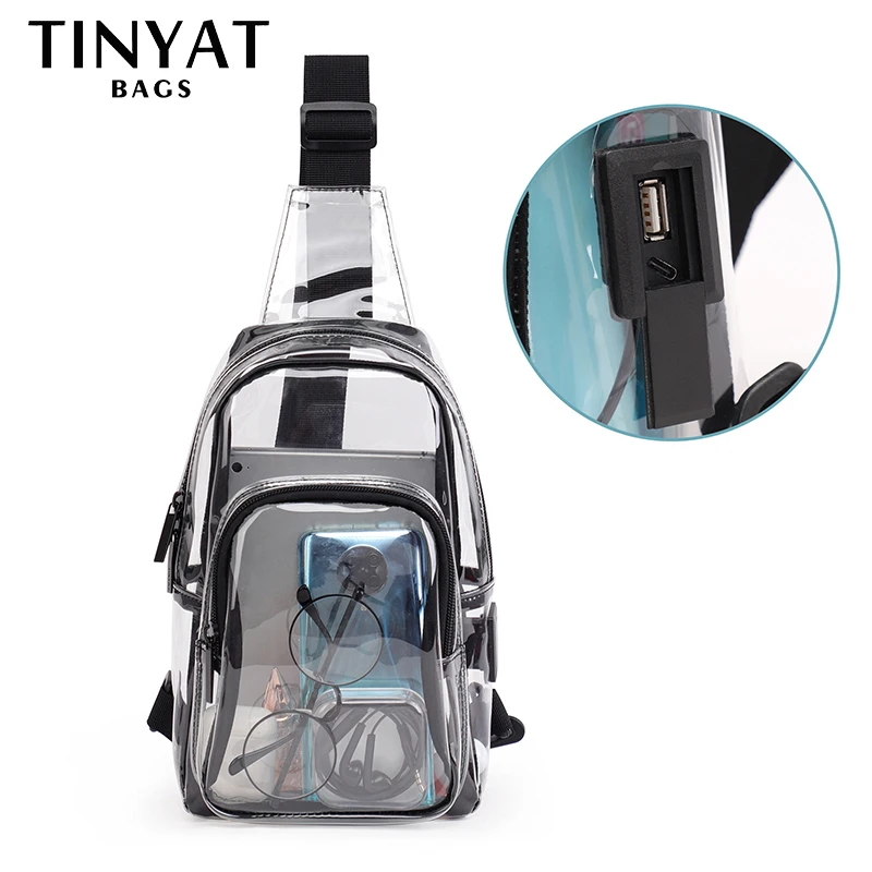 TINYAT 2024 Trendy Clear PVC Crossbody Sling Bag for Women with USB and Type-C Transparent Chest Bag for Summer Races Concert