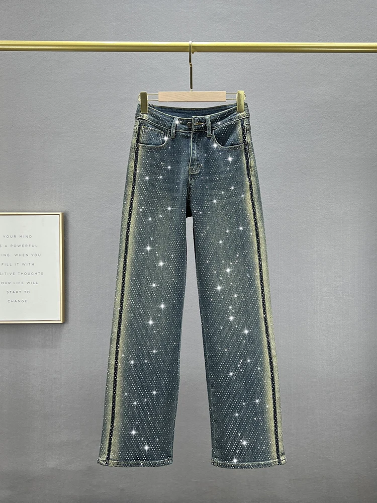 

Модные женские джинсы с широкими штанинами, высокой талией, свободного кроя, стройнящие, длинные, с инкрустацией стразами, из эластичного хлопкового денима