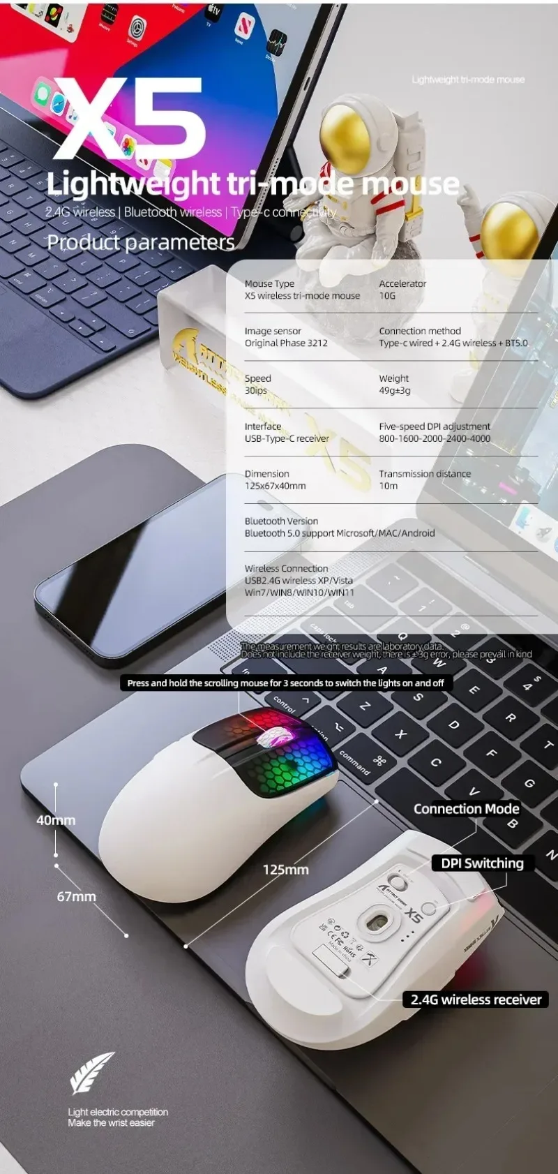 어택 샤크 X5 2.4G 무선 블루투스 마우스 트라이 모드 PAW3212 4000DPI RGB 노트북 및 데스크탑 컴퓨터용 FPS 게이밍 마우스