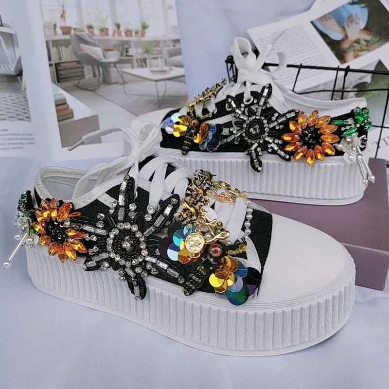 New Bright Diamond Bow Fashionable Casual Beaded Canvas Shoes