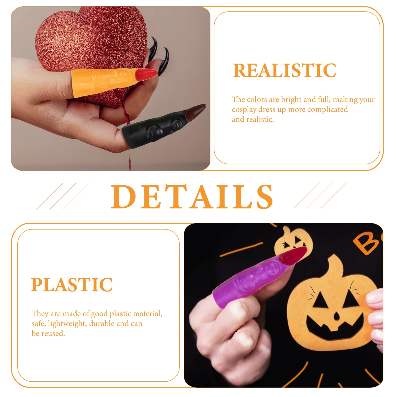 

40pcs Halloween Witch Fingers Fake Nails Prank Props Toys Decoration Scary Claws Spooky Costumes Plastic Reusable Bright Colors