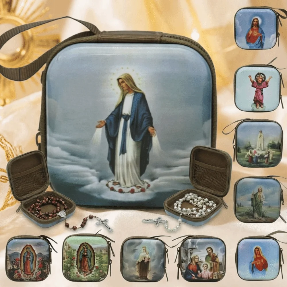 Virgin Mary Prayer Rosary Storage Bag Iron Artwork Zippered Religious Articles Elegant Cartoon Religious Jewelry Box