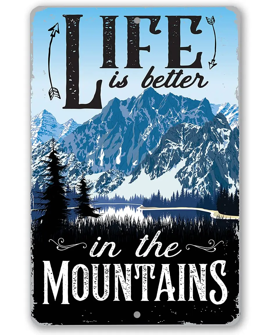 Y1,Life is Better in The Mountains - Ski Tin Sign Vintage Lodge Accessories, Mountain Cabin Decorations, Inspiring Quote f