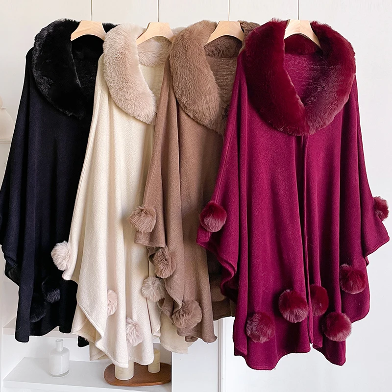 

Winter New Thicken Mink Wool Full Trims Faux Fur Cape - Hooded Loose Women's Fleece Cloak Coat Party Dress Wraps Warm