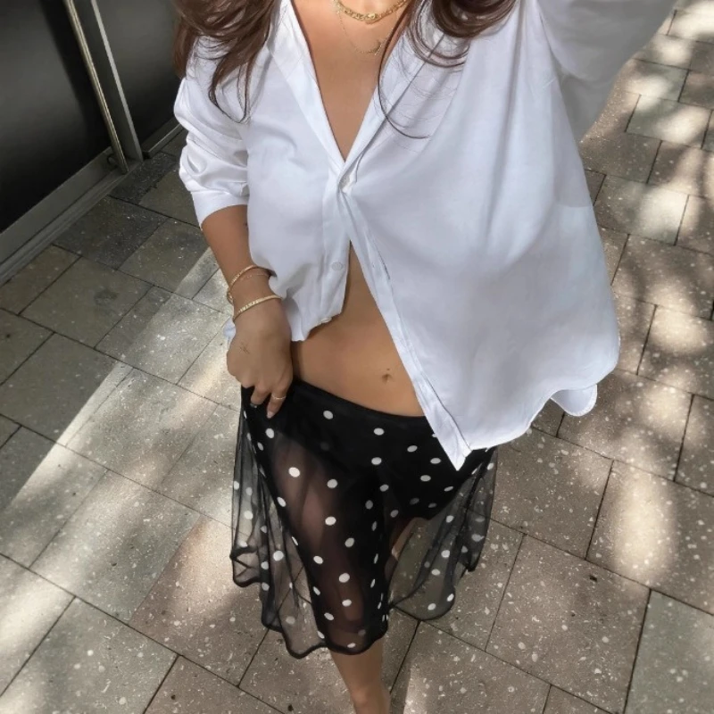 Fashion high waist skirt women's spring and summer white polka dot temperament thin long a-shaped skirt skirt