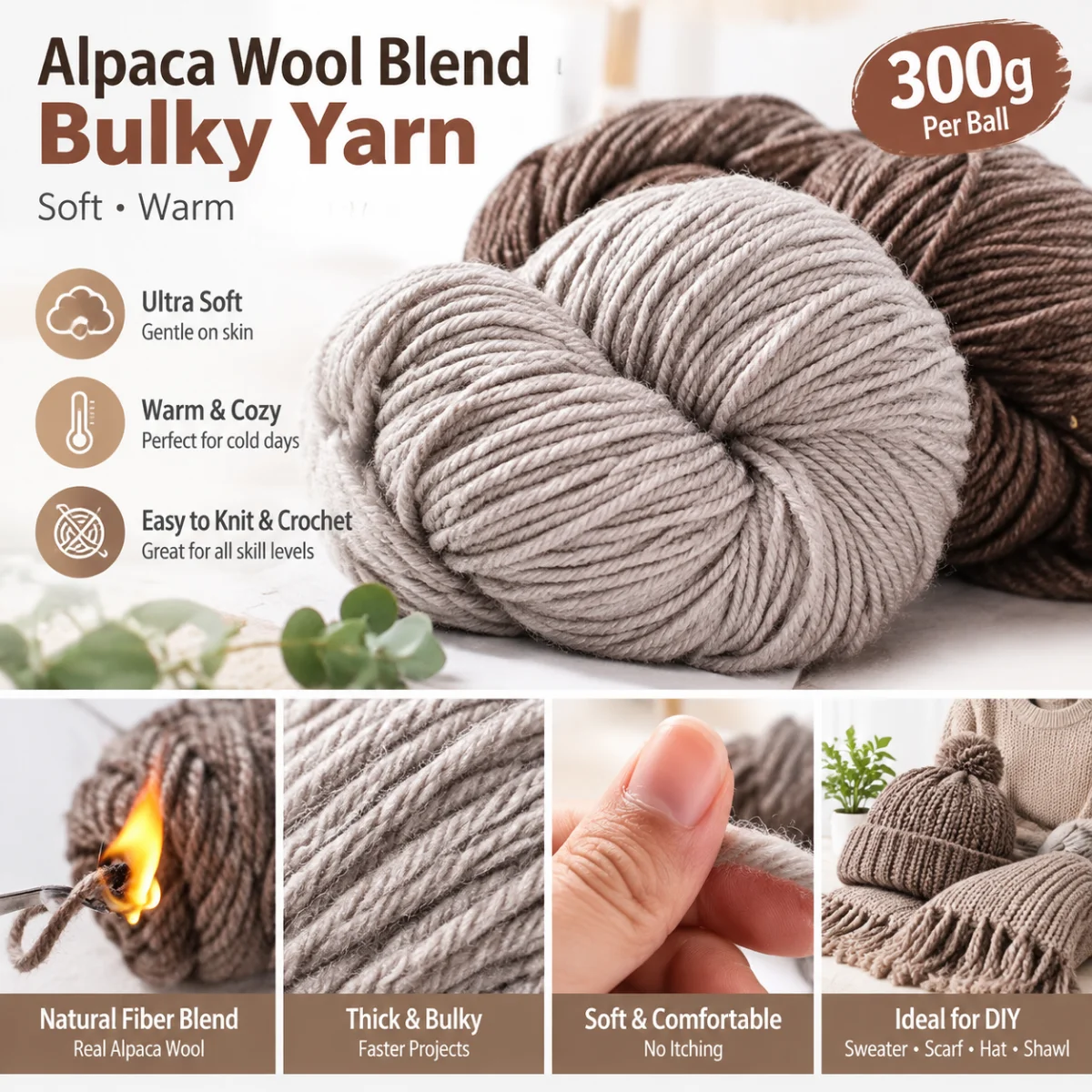 300g Bulky Alpaca Wool Blend Yarn, Hand Knitting Crochet Yarn for DIY Sweater Scarf Hat Shawl, Multi Color Craft Weaving Thread