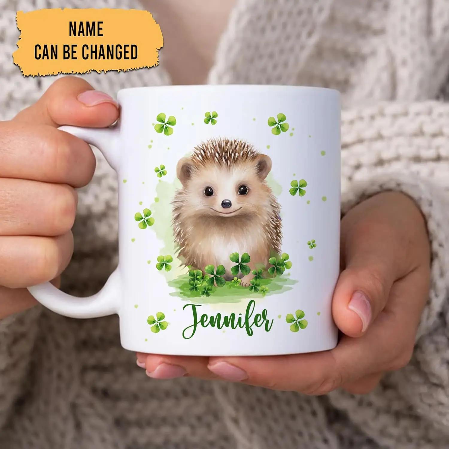 

Personalized Gifts Hedgehog Lover - With Lucky Four Leaf Clover Custom Ceramic Coffee Mug Cup 11oz Cute Animal Lover For Women
