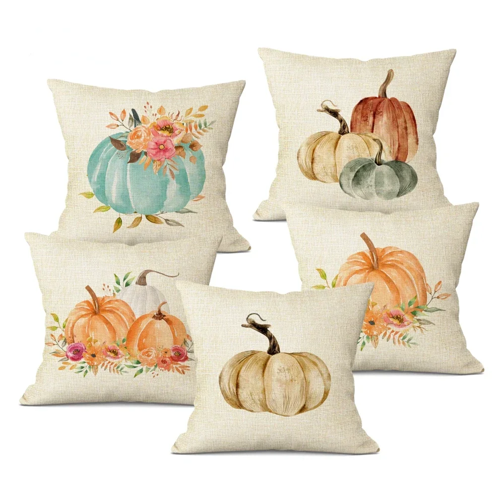 Autumn Pumpkin Cushion Cover Harvest of Pumpkins Oil Painting Decorative Pillowcase Linen Pillow Cover for Home Sofa Decor