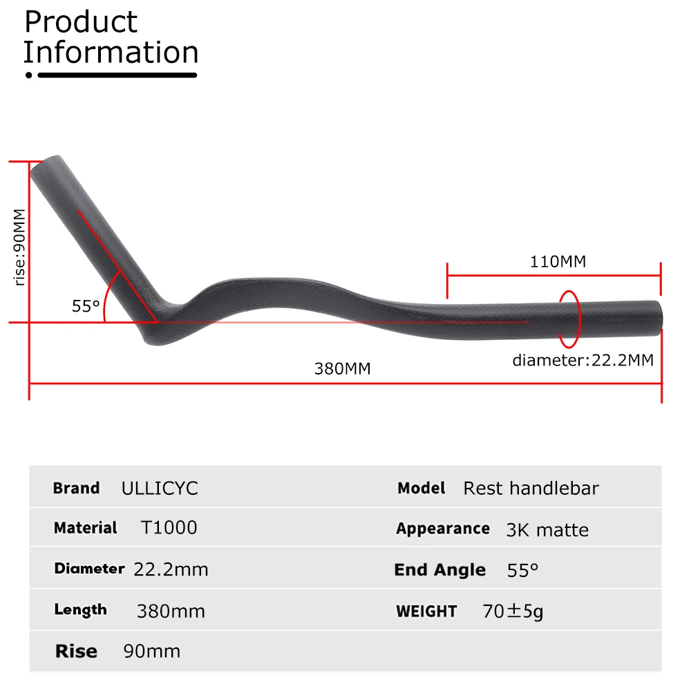 ULLICYC Road Bike Triathlon Time Trial,3K Full Carbon Bicycle Rest TT Handlebar 35°/55° For Aero Handlebar Extension With Clip