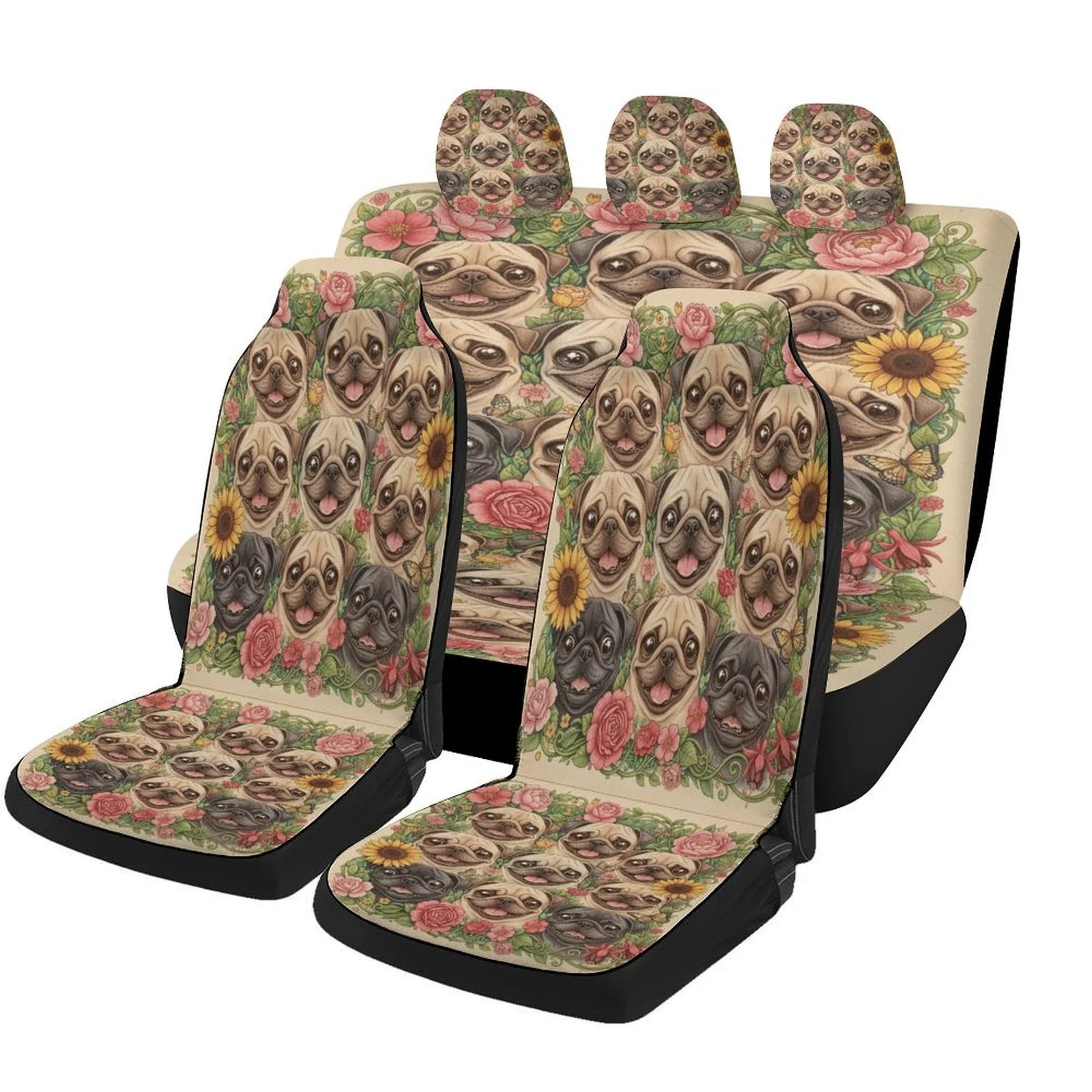 Pug Garden Portrait Designed Car Seat Covers Set For Most Cars, Trendy Breathable Decorative Car Seat Protector Covers Full Set,