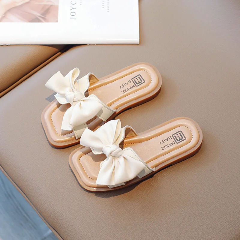 2023 Korean Style Girls Slippers Bow Elegant Fashion Kids Shoes Drop Shipping Simple Non-slip Spring New Chic Children Shoes PU