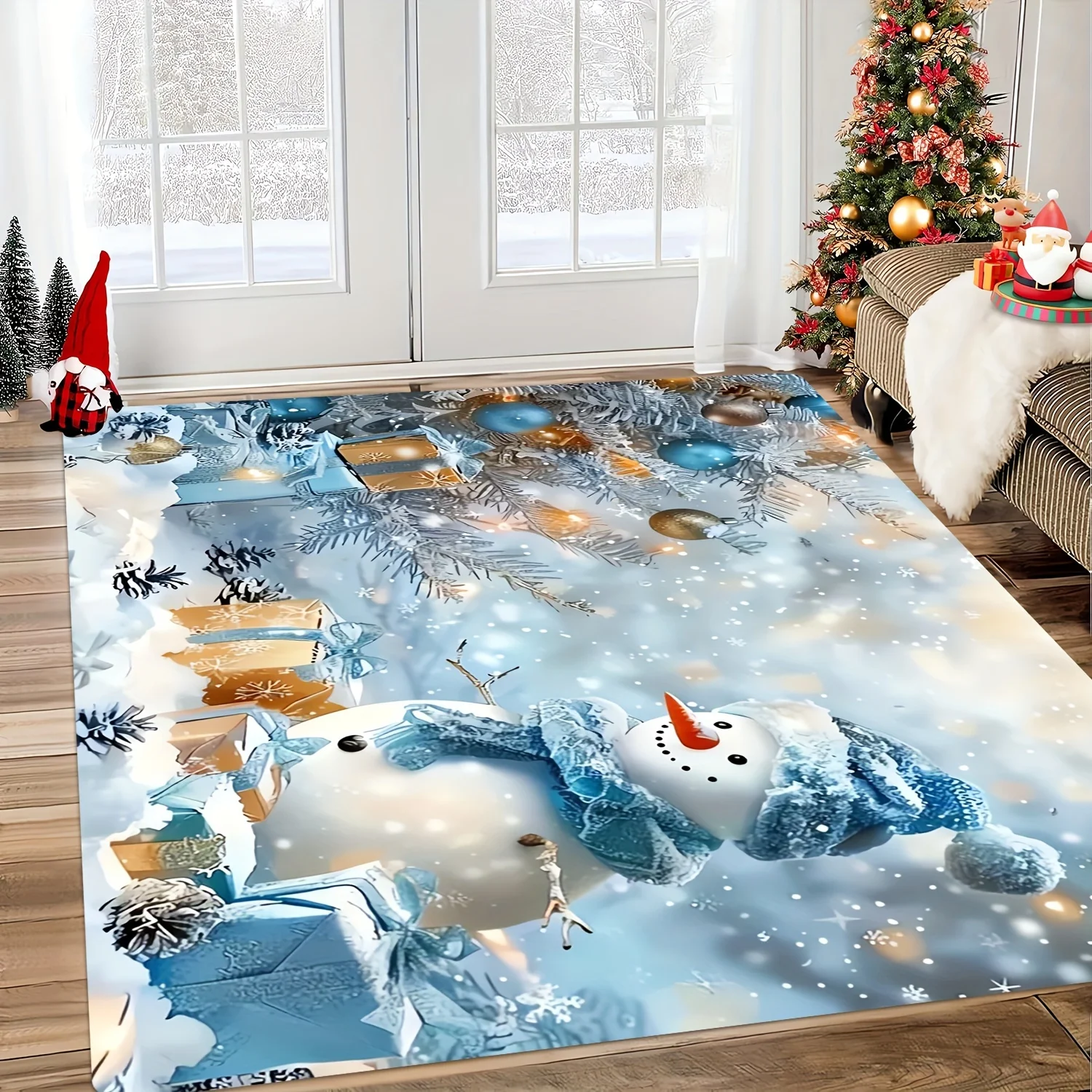 

Рождественский зимний синий коврик со снеговиком, для прихожей, игровой комнаты, гостиной, кабинета, спальни - рождественские украшения