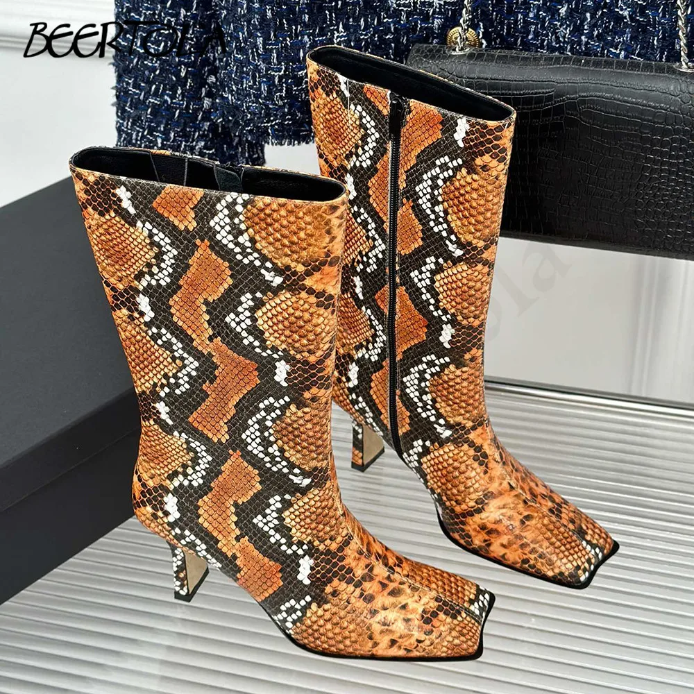 Women's Square Toe Snake Print Knee-High Boots Autumn and Winter New Simple Fashion Designer Long Boots Casual Daily Boots