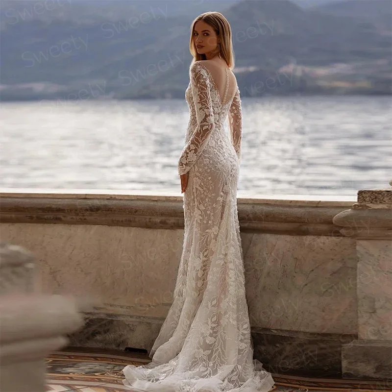 Elegant Detachable 2 In 1 Mermaid Wedding Dress Embroidered Lace On Net With Ball Gown Full Sleeve O-Neck Bridal Dress Button