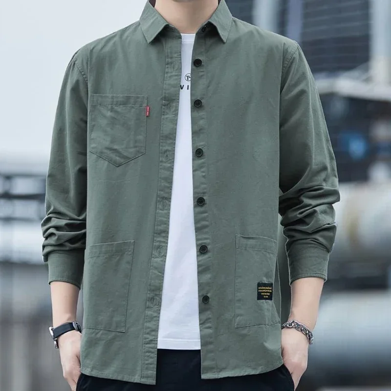 Shirts for Men Cargo Green with Pocket Man Shirt Cheap Brand Aesthetic Fashion 2024 Korean Popular Clothes Regular Elegant Asia