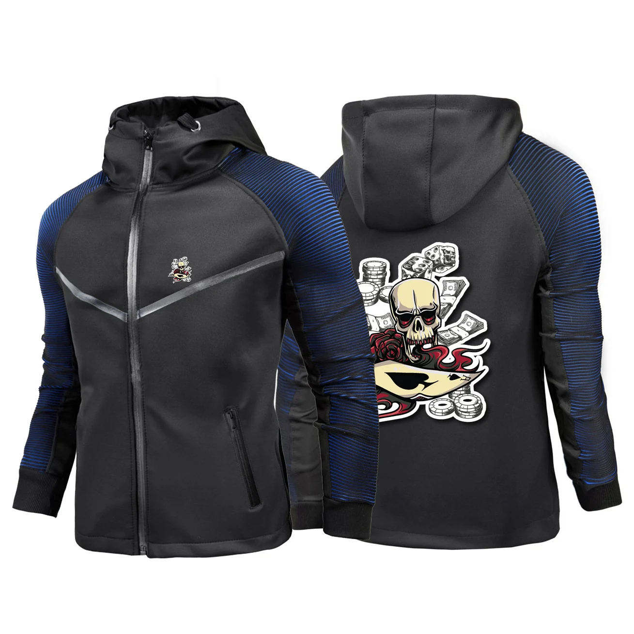 2025 Spring Autumn Men's Skull Poker chip Pattern Printed Fashion Racing Suit Gradient Color Slim Fit Breathable Zipper Jacket