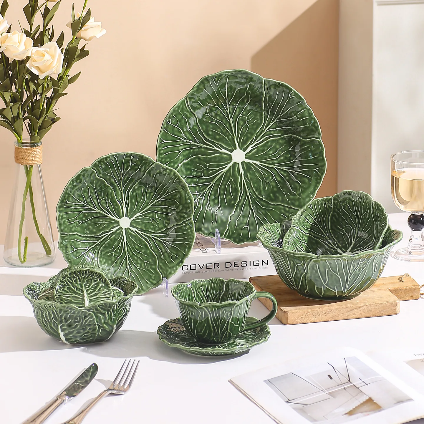 Fresh Retro Cabbage Relief Ceramic Dinnerware Set, Underglaze Color Bowl Plate Set, New Home Cup and Saucer Combination,Gift