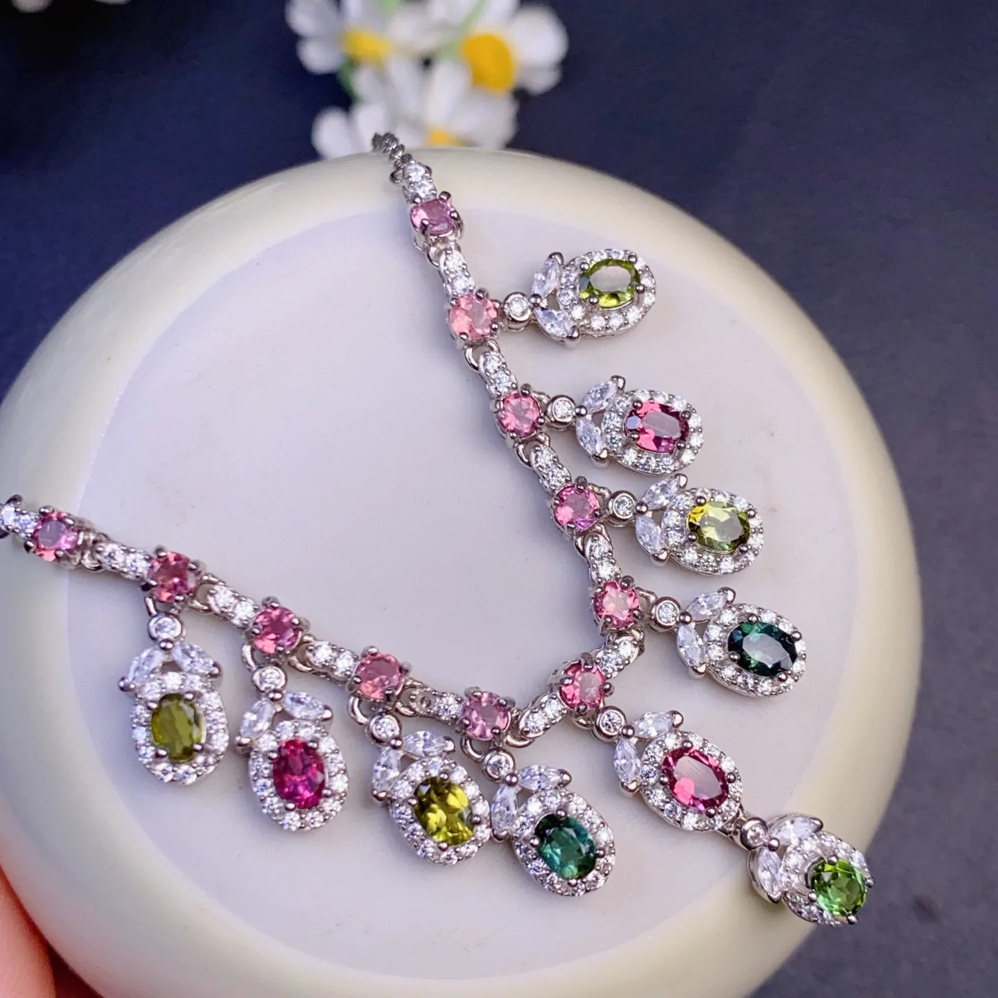 Natural Multicolor Tourmaline Necklace S925 Silver White‑Gold Plated 3*4mm Clean Crystal Gems, Zircon Halo Setting, Gem Jewelry