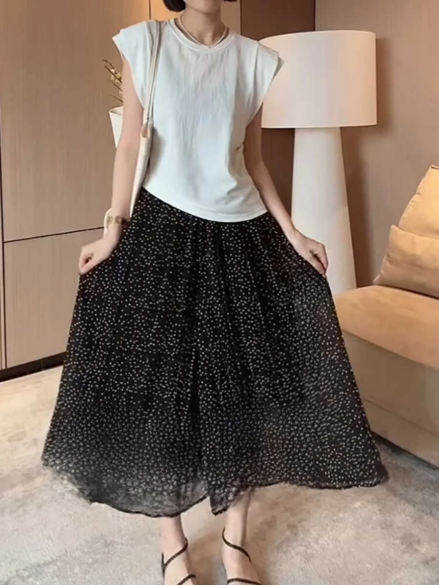 

Брюки-юбка с высокой талией и широкими штанинами, повседневные, черные, в горошек, из шифона, тонкие, летние, маленького размера, струящиеся, прямого кроя, свободного силуэта