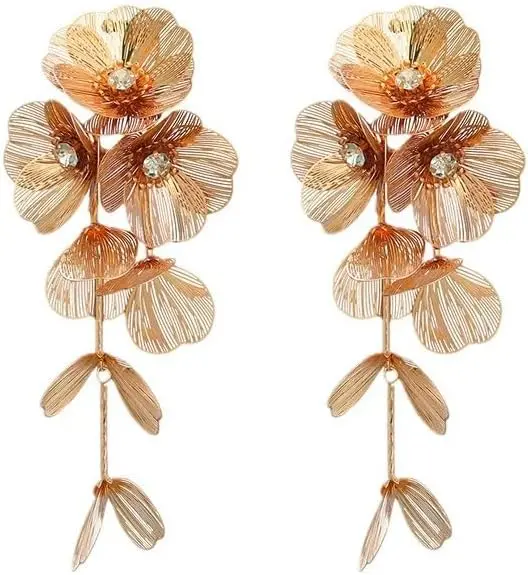 

Hawaiian Floral Dangle Earrings for Women, Boho Gold Layered Petal Statement Wedding Jewelry Tassel Stud Earrings