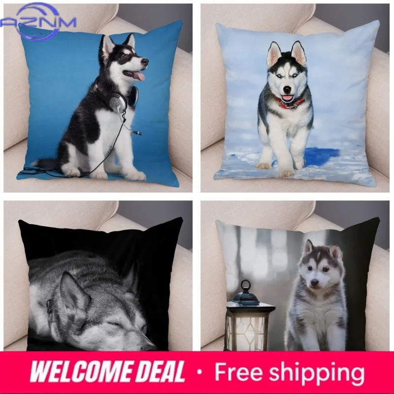 Pet Animal Sofa Cushion Cover Cute Siberian Husky Pillowcase Decorative Dog Print