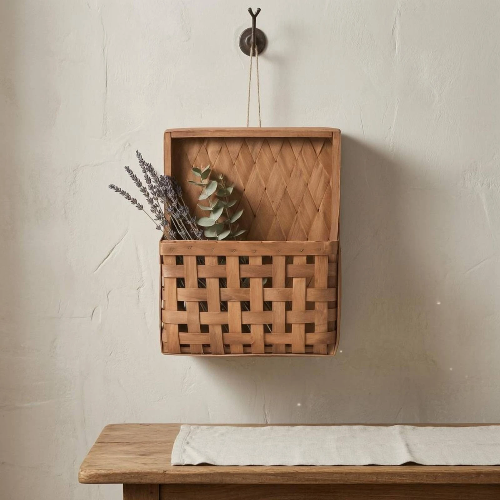Wall Mounted Basket Woven Handcrafted Home Storage Rectangular Organizer for Functional Hallway Spaces