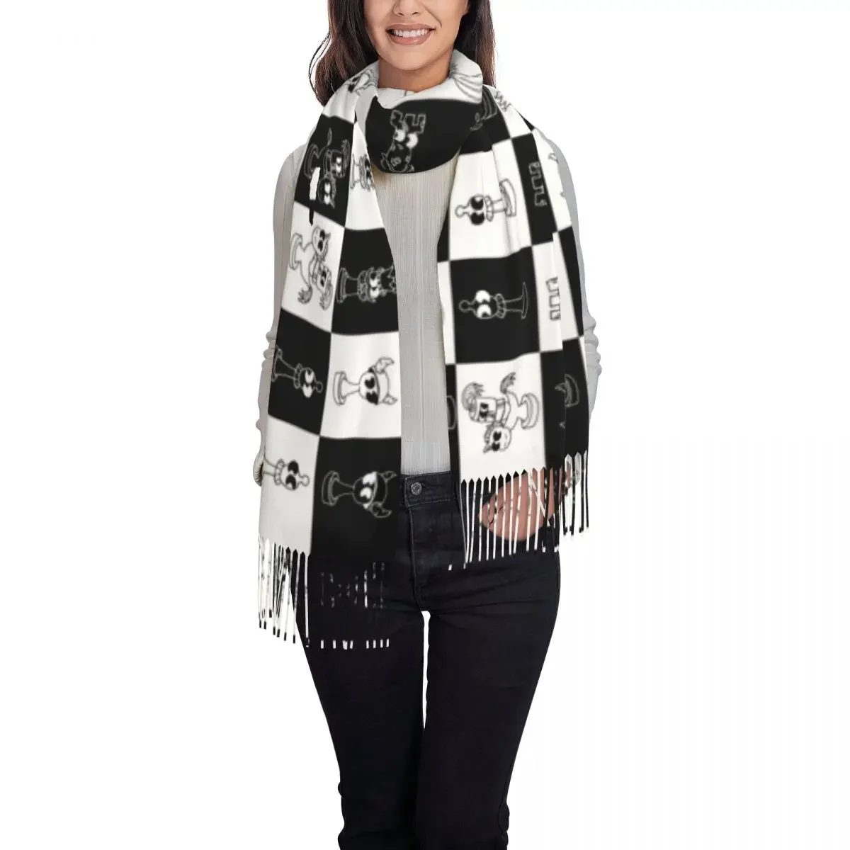 Ladies Long Chess Club Seven Scarves Women Winter Fall Soft Warm Tassel Shawl Wraps Chessboard Game Chess Piece Scarf