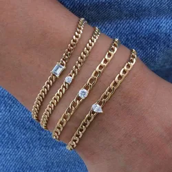 Square round waterdrop cz stone charm chain bracelet stainless steel bracelet for women minimalist simple dainty jewelry new in