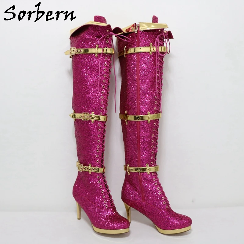 Sorbern Glitter Mid Thigh High Boots For Corssdresser Performance High Heel Platform Kinky Boot Custom Wide Drag Queen Shoe