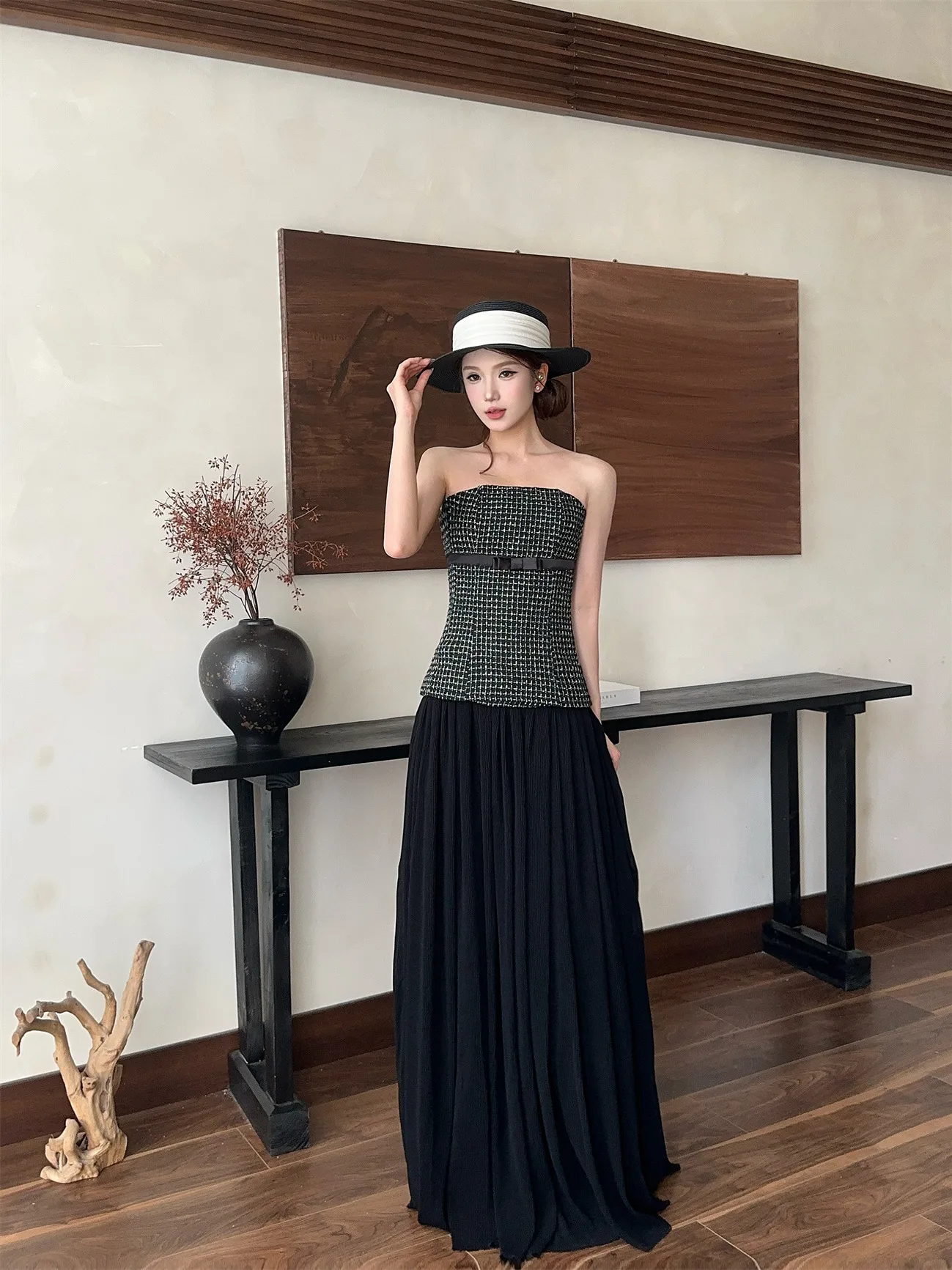 

Retro Faion ter Ne Color Blo Waist Cinched Pleated A-Line Long Dr High Waist Long Skirt for Holiday Outfits