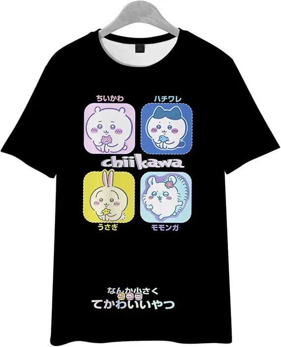 Chiikawa 3D-Druck T-Shirt Schwarz-Weiß Gestreiftes Kurzarm-Shirt Niedlicher Cartoon-Charakter Lässiges Unisex-Sommer-Oberteil Familien-Partnerlook – Detail 10
