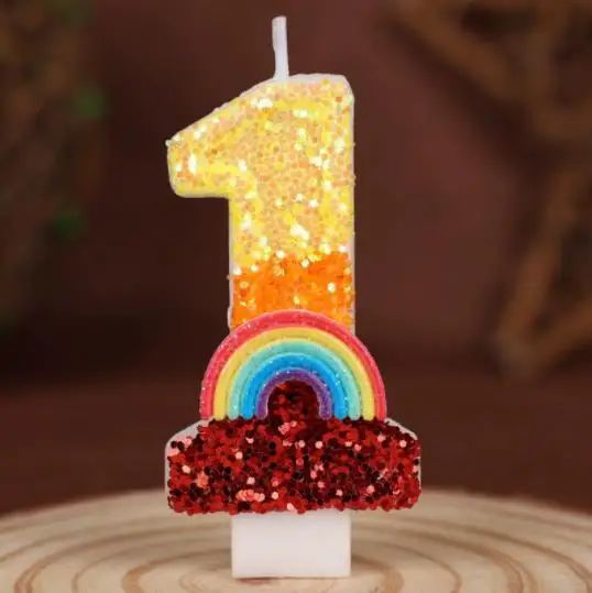 1 STÜCK Geburtstagszahl 0-9 Kerzen Regenbogenthema Geburtstagskerzen für Kuchen Rosa Grüne Ziffer Kerze Kuchendeckel mit Pailletten – Detail 7