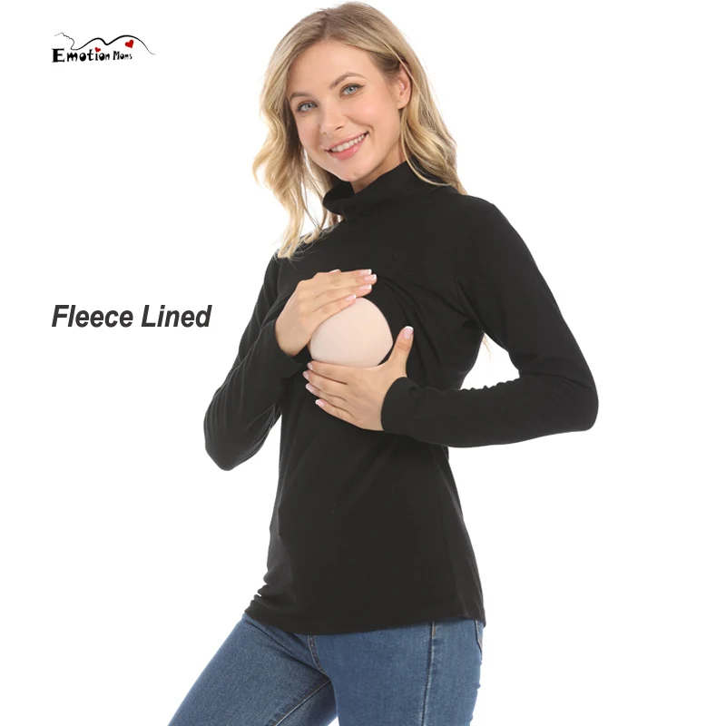 フリース裏地付きタートルネックマタニティ授乳トップス長袖サイド隠し授乳tシャツソフトで暖かい産後妊娠シャツ