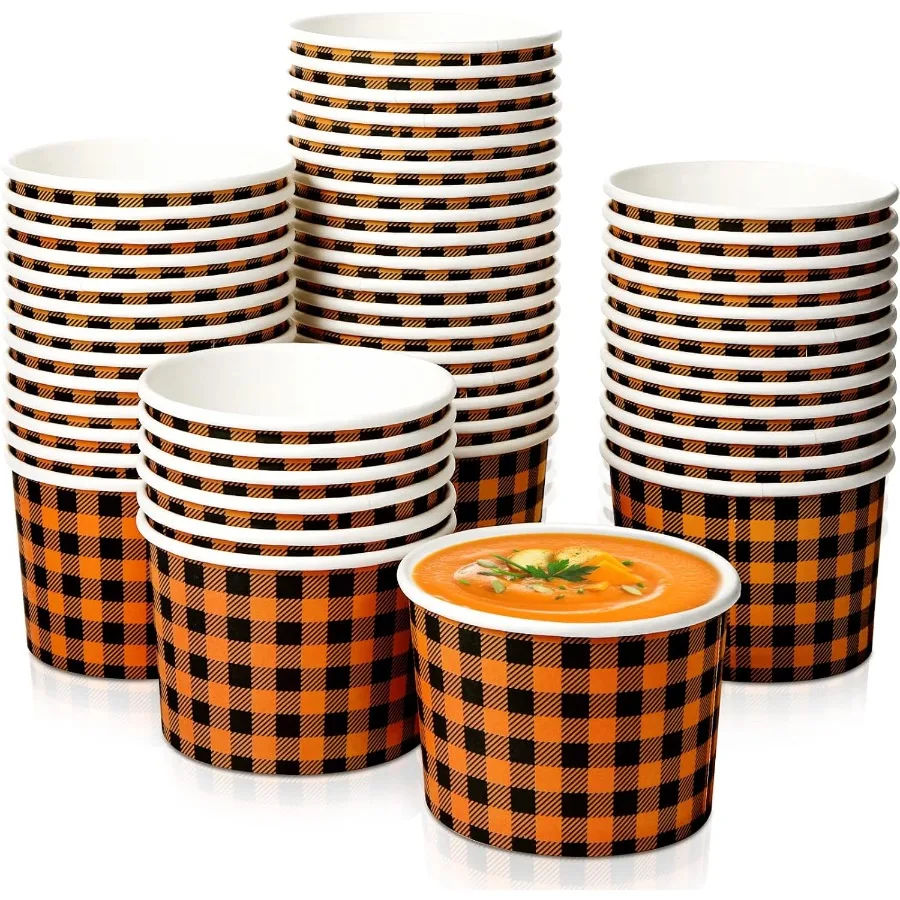 

50 Pack 9 oz FallThemed Disposable Paper Soup Bowls for Hot or Cold Food Gingham Pattern Dessert and Snack Cups Ideal for Thank