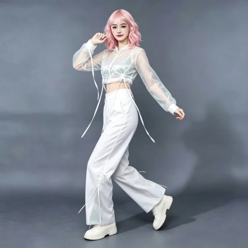 Unisex Hip Hop Dance Outfit 2-Piece Set with Transparent Hooded Crop Top And Reflective Pants for Jazz Performance Stage Costume