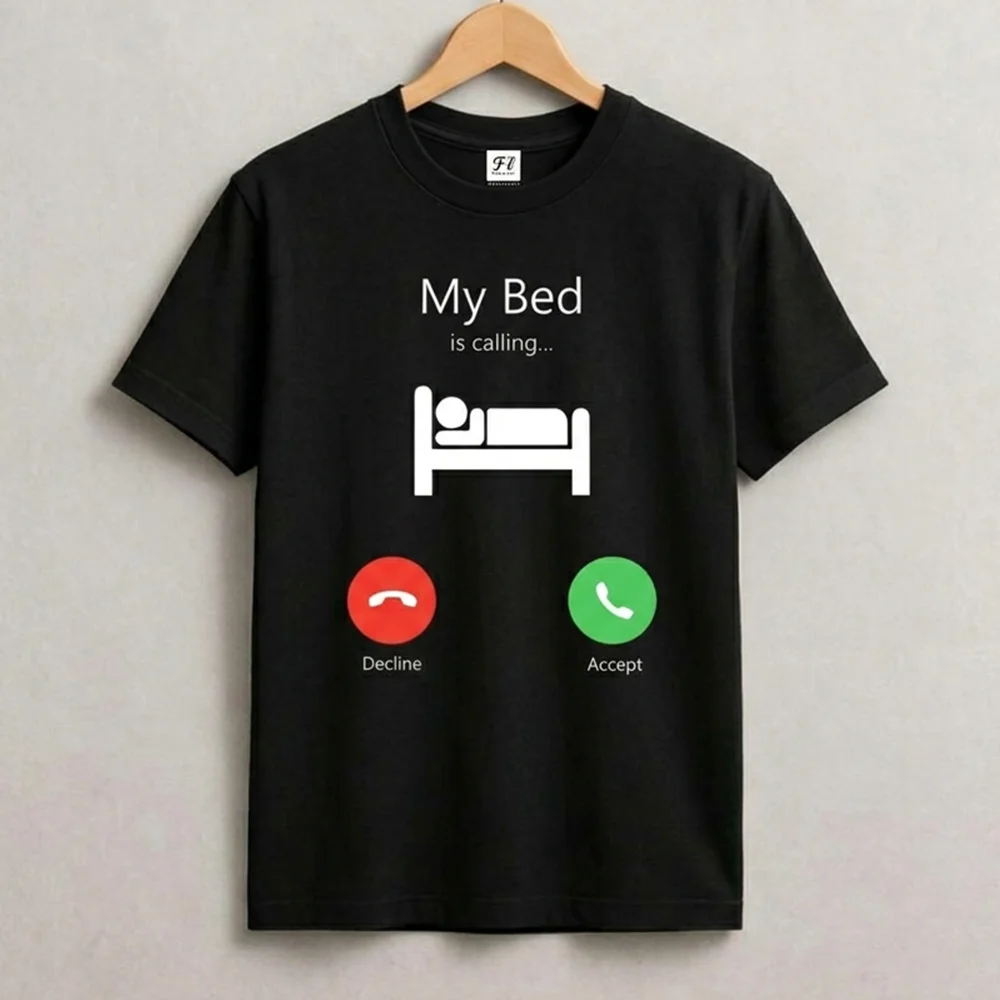Men's My Bed Is Calling Funny Graphic T Shirt Phone Call Decline Accept Slogan Tee Summer Casual Short Sleeve Tops Streetwear