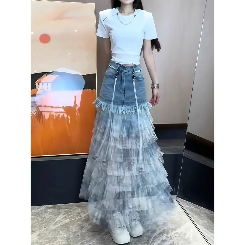Skirt A-line Skirt Woman Summer Grenadine Tie-dye Cowboy Fashion Thin Comfortable Brief Leisure Minority Individuality Patchwork