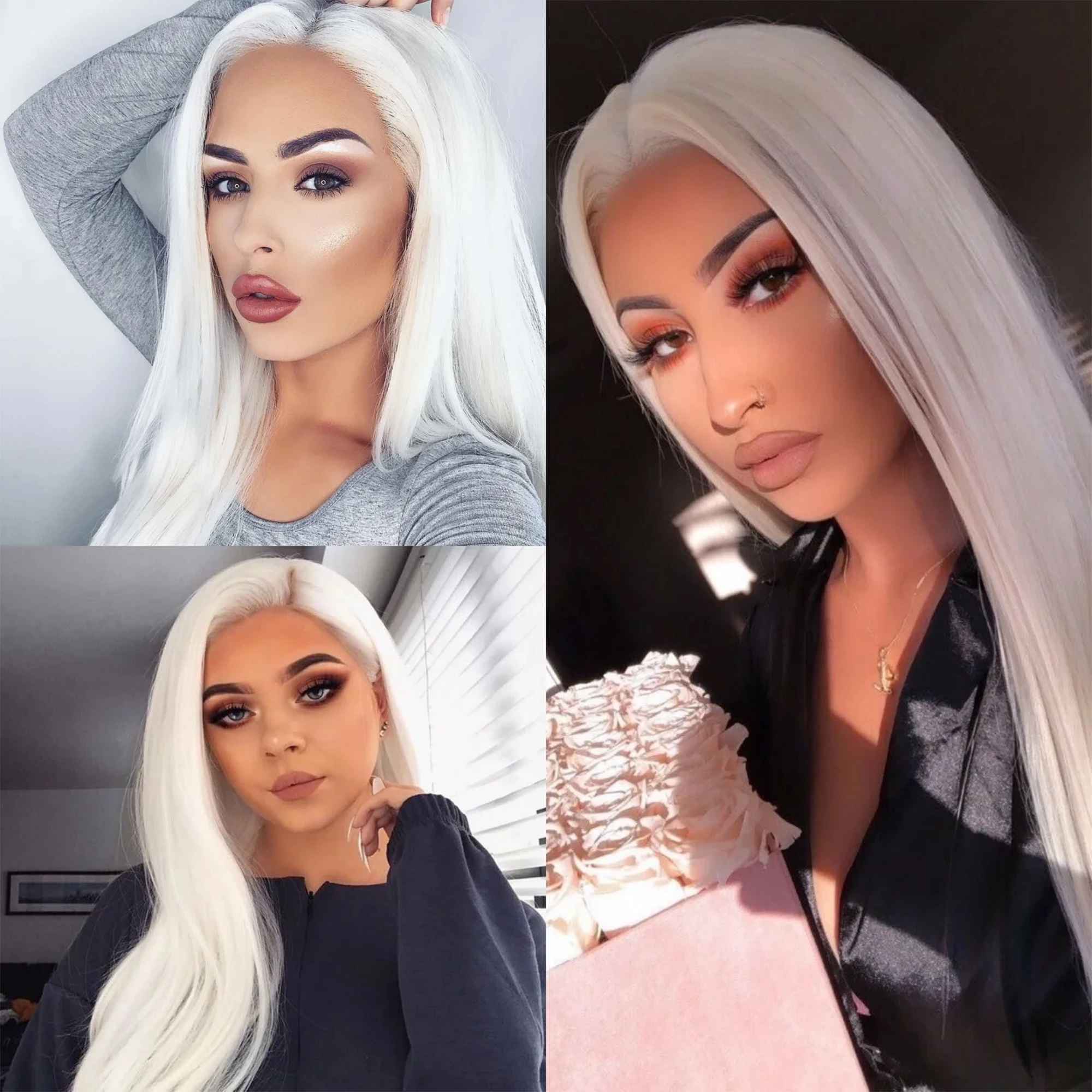 Hellblonde Perücke, 28 Zoll lange, gerade synthetische Perücke aus Hochtemperaturfasern für Cosplay, Moonlight White – Detail 15