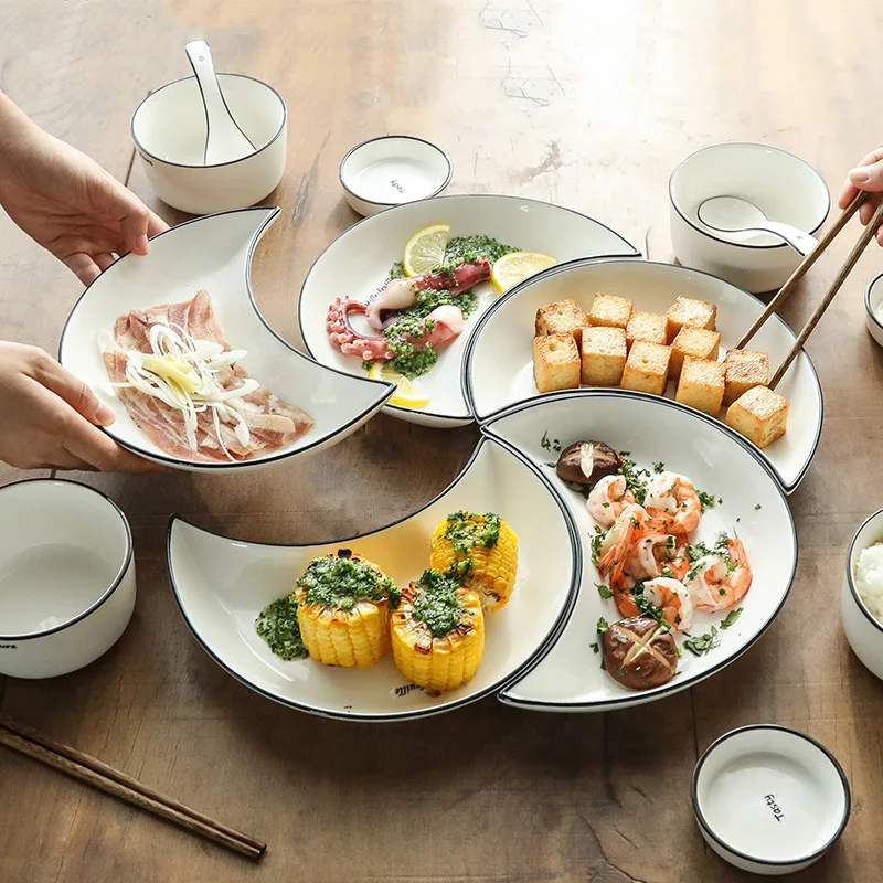 

Nordic Breakfast Plate Restaurant Household Ceramic Plate Fruit Salad Plate Moon Shape Western plate Dinner Plates Set