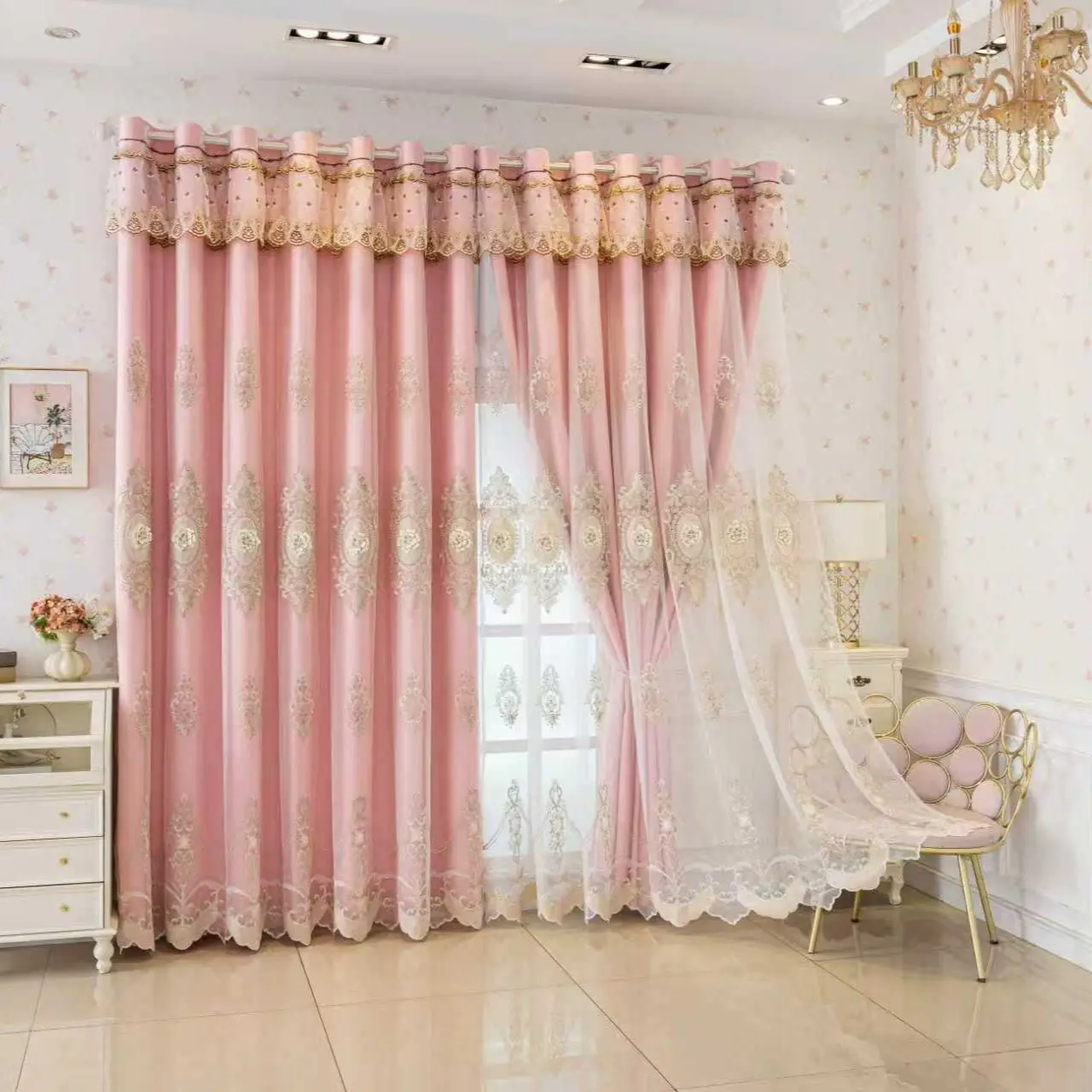 Luxury Embroidered Double-Layer Curtain with Tulle Sheer & Blackout Fabric for Living Room Bedroom Window Decor