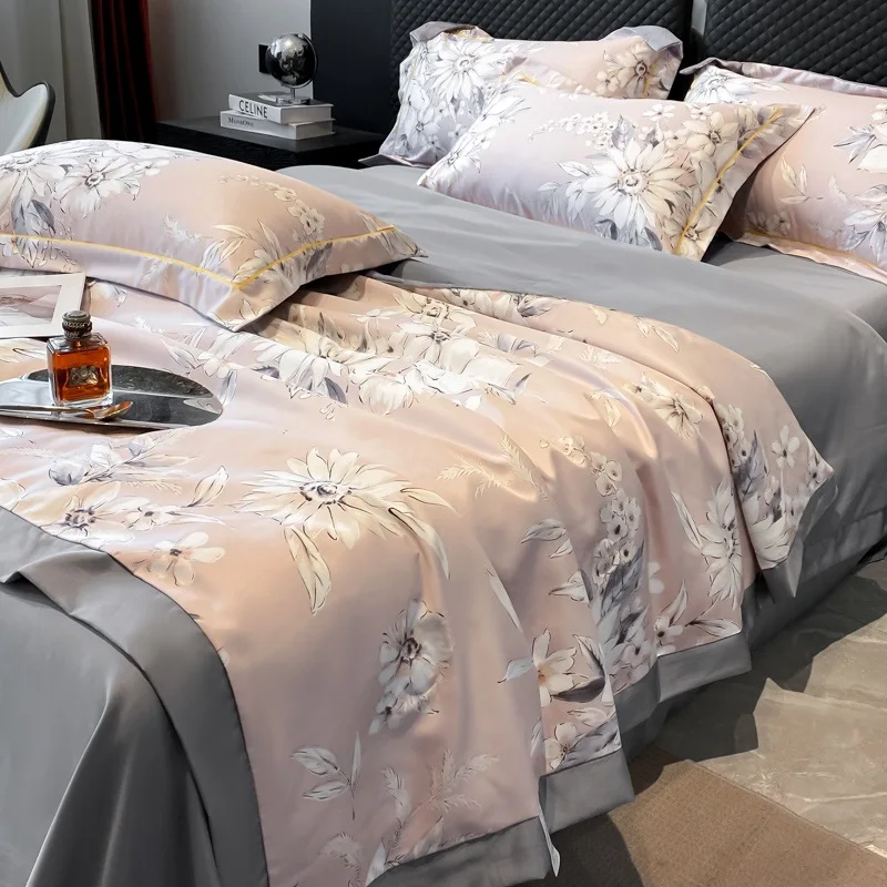 

New Light Luxury Washed Tencel Cooling Duvet Ice Silk Four-Piece Set Cool Feeling Summer Quilt Airable Cover