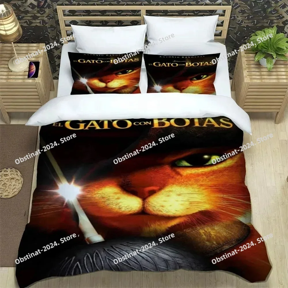 

New 3D Cartoon Puss in Boots Bedding Set Printed Bed Set Duvet Cover Sheet Pillowcase Bed Soft Quilt Cover Full Queen King Size