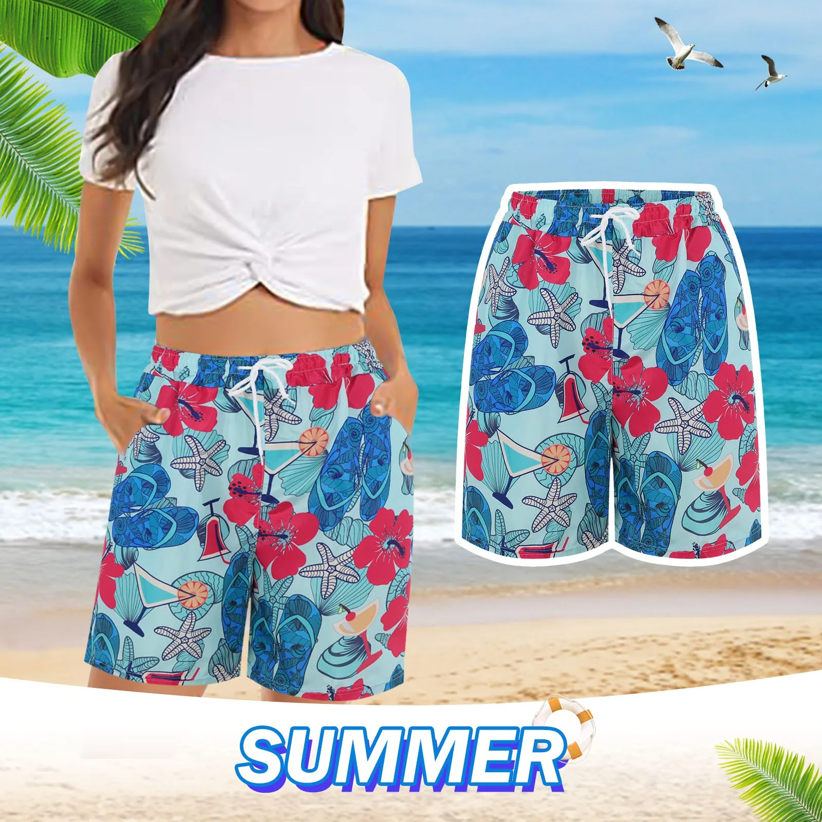 Comfy Beach Ladies Shorts Elastic Waist Floral Print Trousers With Pockets Summer Pants Fashionable Women\'s Shorts Drawstring