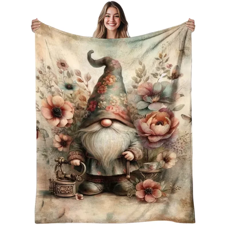Gnome-Themed Blanket Featuring A Soft and Warm Vintage Floral Living Room Bedroom Sofa Christmas, and Autumn for Home Decor