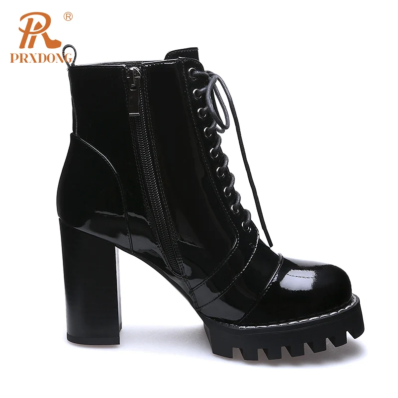 PRXDONG New Classics Patent Leather Chunky High Heels Platform Shoes Woman Ankle Boots Lace Up Dress Party Autumn WInter 34-42