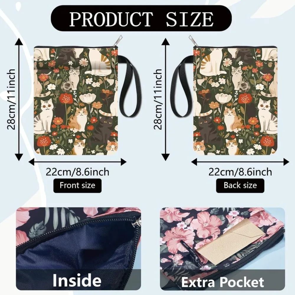 Cat Book Covers Flower Book Protector Plant Book Sleeve for Paperbacks Washable Fabric Cloth Book Cover with Zipper and Sleeve